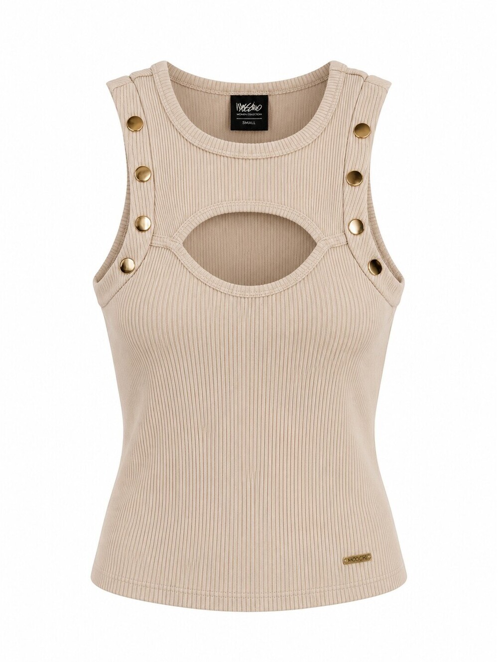 Massimo Beige Ribbed Cutout Gold Button Sleeveless Top Size S